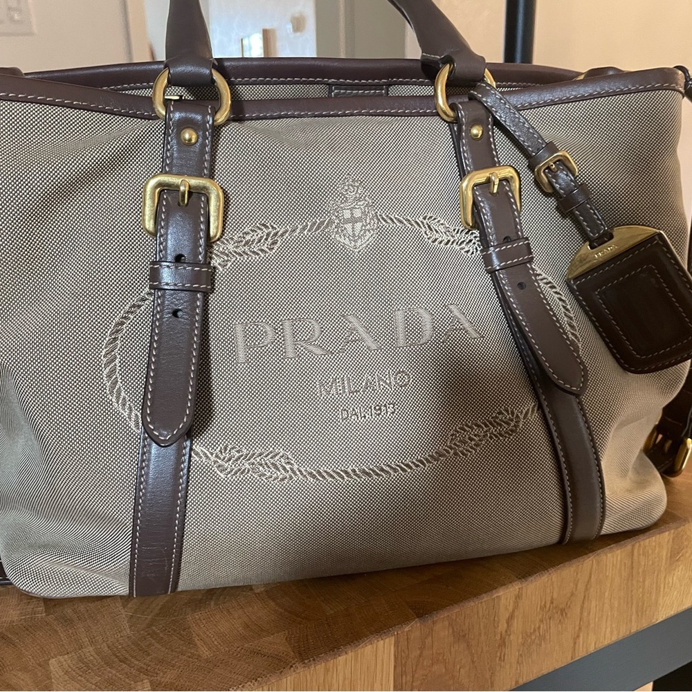 Prada Crossbody, Gold Hardware, Single Adjustable Strap, Leather Trim